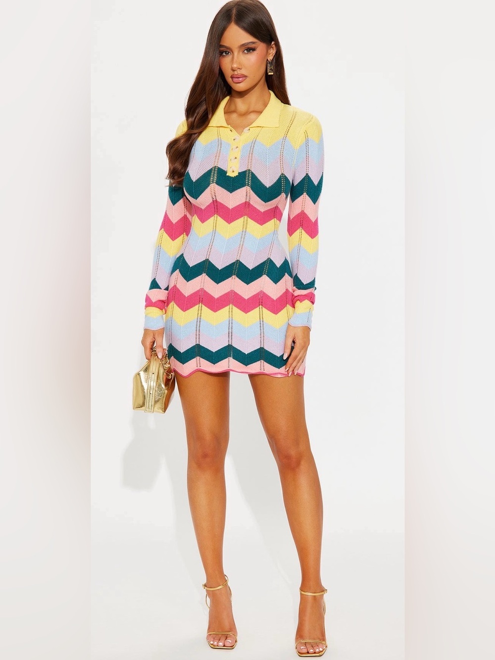 Fashion Nova Chevron Knit Polo Mini Dress in Multi Pastels-Large NWT🩵🩷💜 - Picture 2 of 5